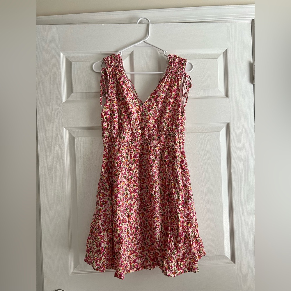 Time & Tru Pink Multicolor Floral Elastic Waist Mini Dress Sleeveless Medium - Picture 2 of 11